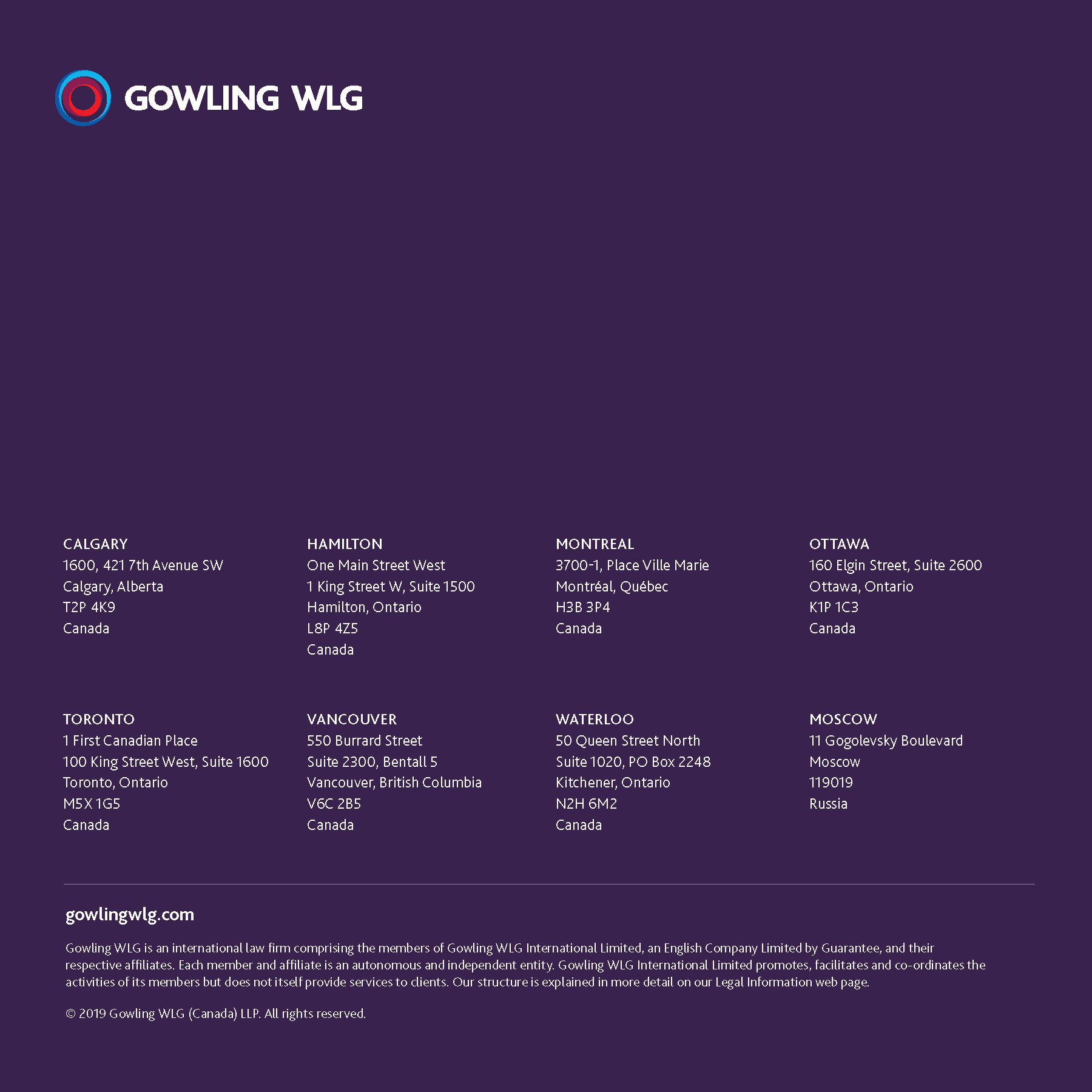 Gowling WLG International Limited Vancouver, Canada Office