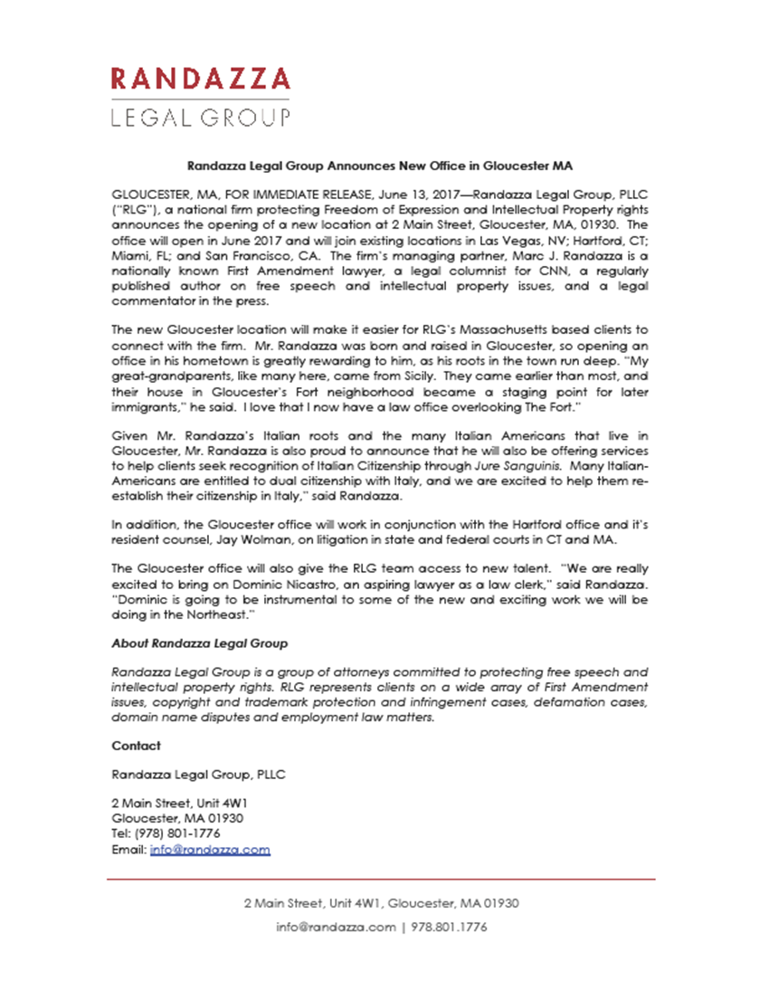 Randazza Legal Group, PLLC Gloucester, MA Office