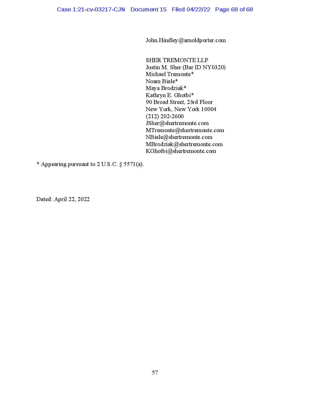 Sher Tremonte LLP New York City, NY Office